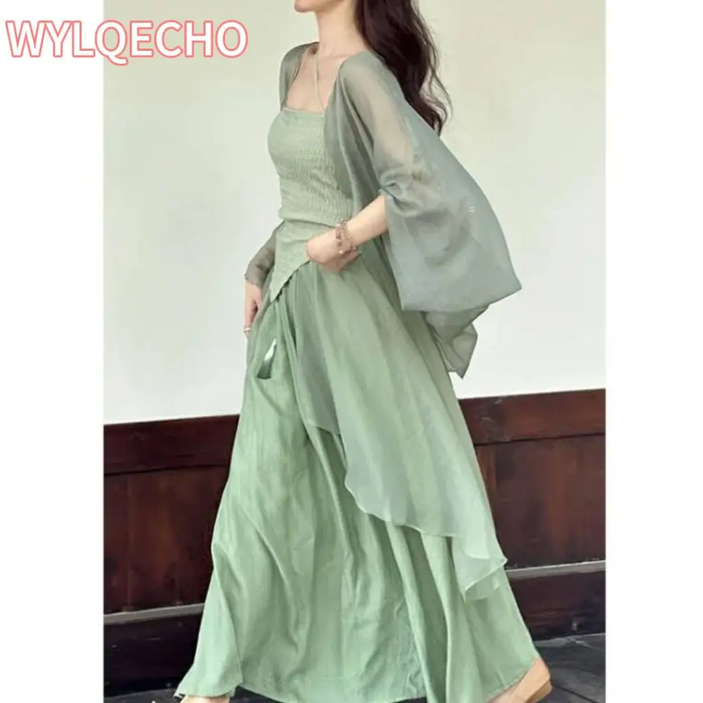 

Blue Green Hanfu Suit Summer New Chinese Style Qipao Dresses Mesh Cardigan Strap Vestidos Women Slim Cheongsams Costumes
