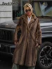 Women's Dark Brown Faux Fur Long Overcoat Single Breasted Fleece Long Trench Coat Winter Fluffy Plush Warm New Thicken Outerwear 1