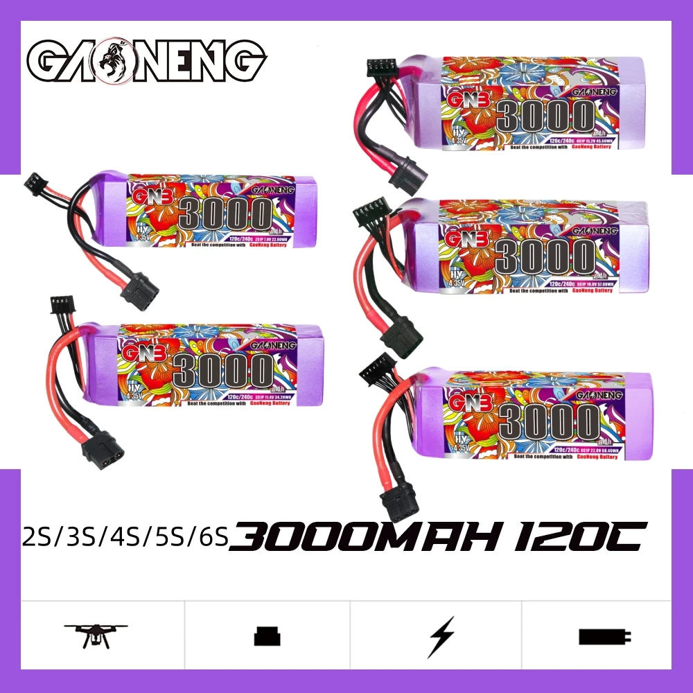 

Gaoneng GNB 3000mAh 120C 2S/3S/4S/5S/6S 7.6V/11.4V/15.2V/19V/22.8V HV LiPo Battery with XT60 Plug for RC Cars Drones Fixed Wing