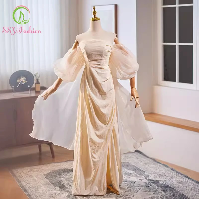 

SSYFashion Elegant Champagne Evening Dress for Women Strapless Straight Lantern Sleeves Party Formal Gowns Vestidos De Noche