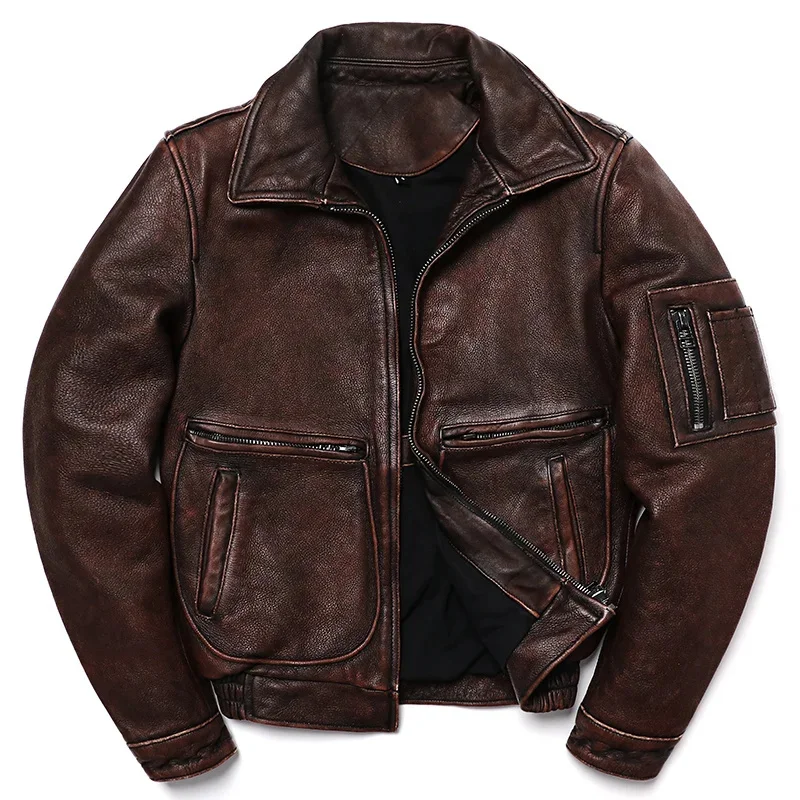 

2024 New Vintage Brown Genuine Leather Jacket Air Force Style Cowhide Coat Men Slim Fashion Biker Flight Cloth