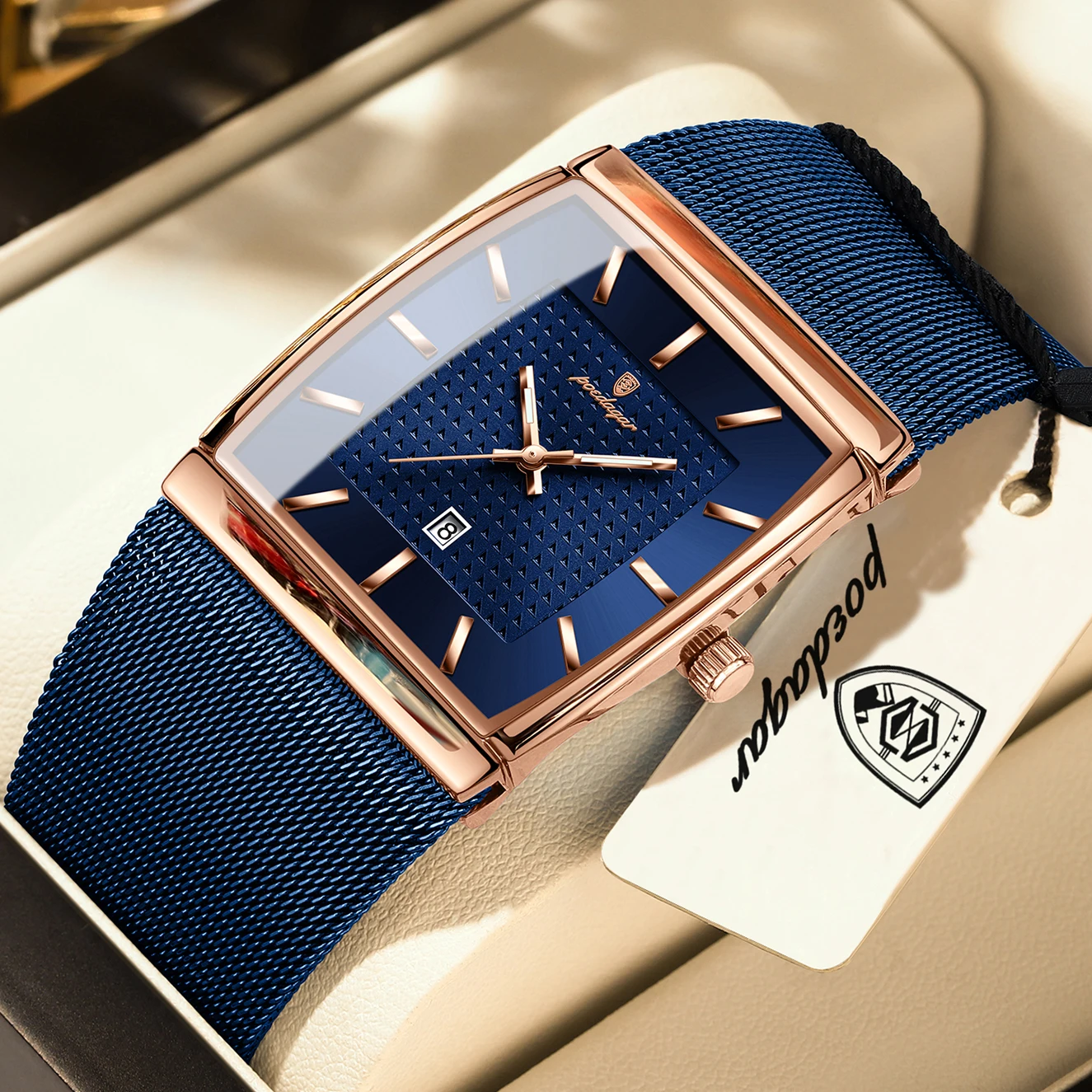 POEDAGAR Top Luxury Men Watch Stainless Steel Mesh Date Waterproof Luminous Man Wristwatch Casual Rectangle Quartz Men's Watches