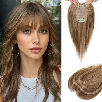 Topper per capelli da donna con frangia che copre i capelli bianchi e una parte sottile invisibile di ricambio per i capelli