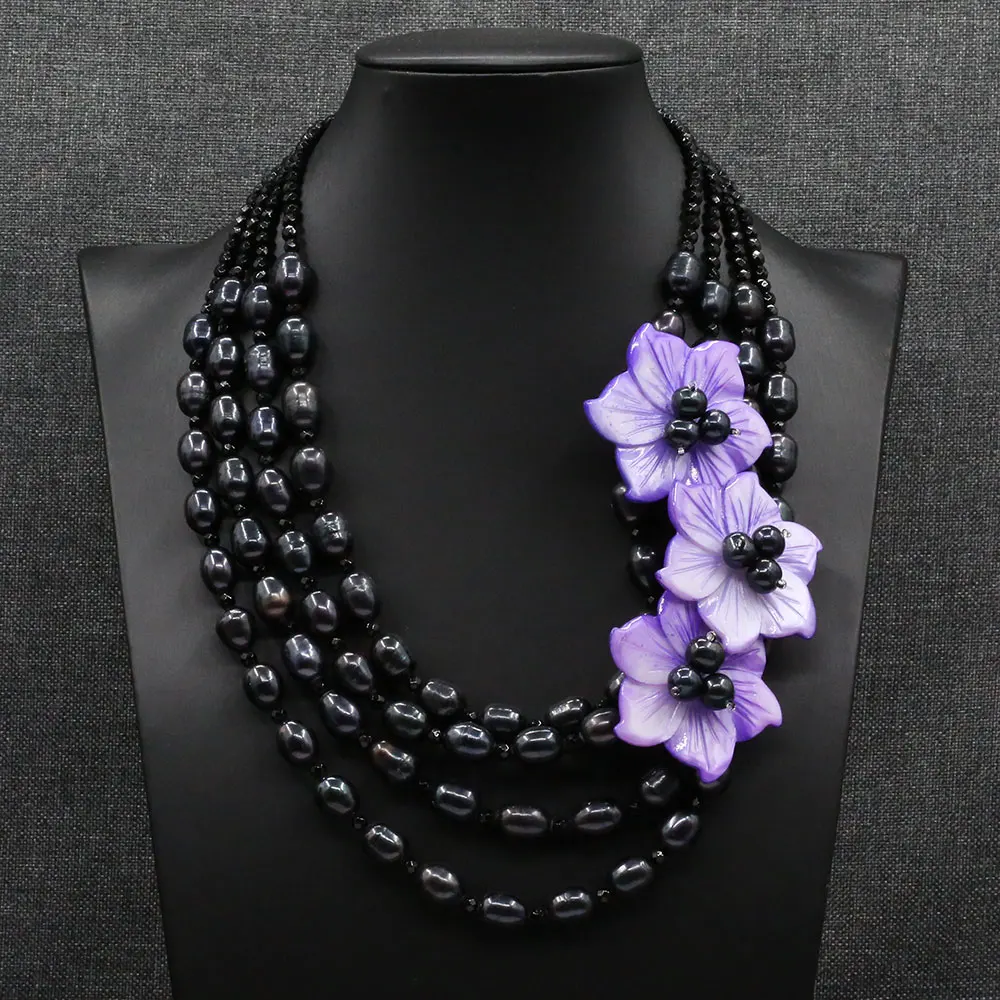 

GG Jewelry 4 Strands Natural Black Rice Pearl Onyx Necklace Purple Sea Shell Carven Flower Pendant Handmade For Lady Gifts