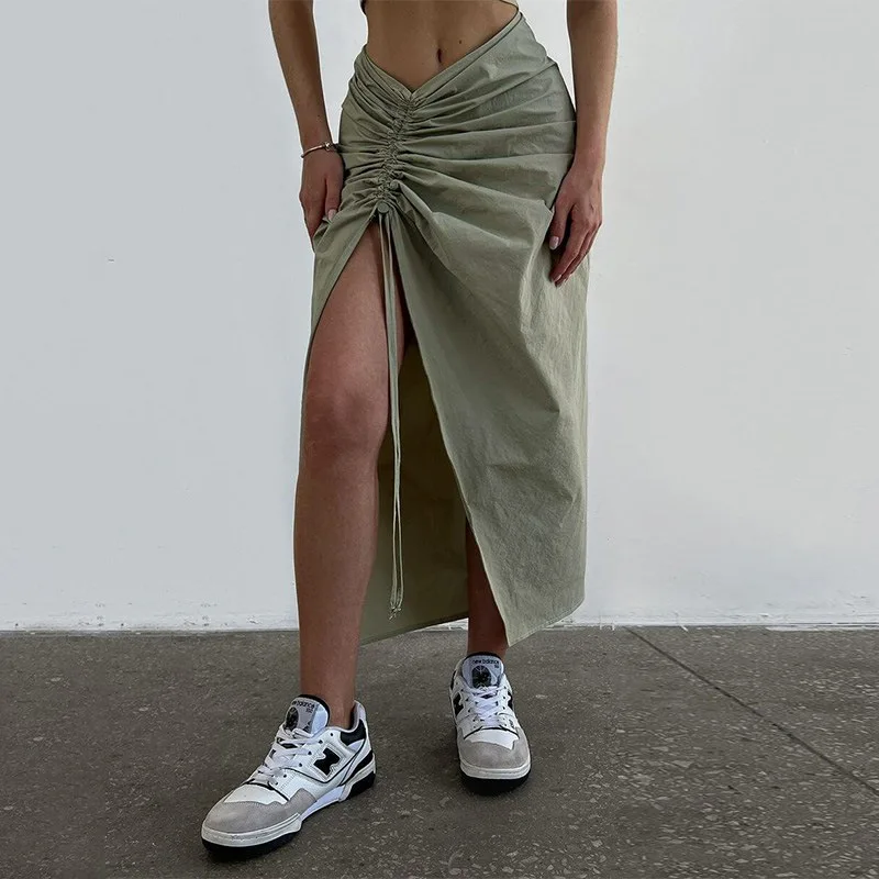 

Fashion Women Basiacs Summer Office Lady Trend Split Long Skirt Shirring Pleated Streetwear Clothes Solid Casual 2023 New Chic