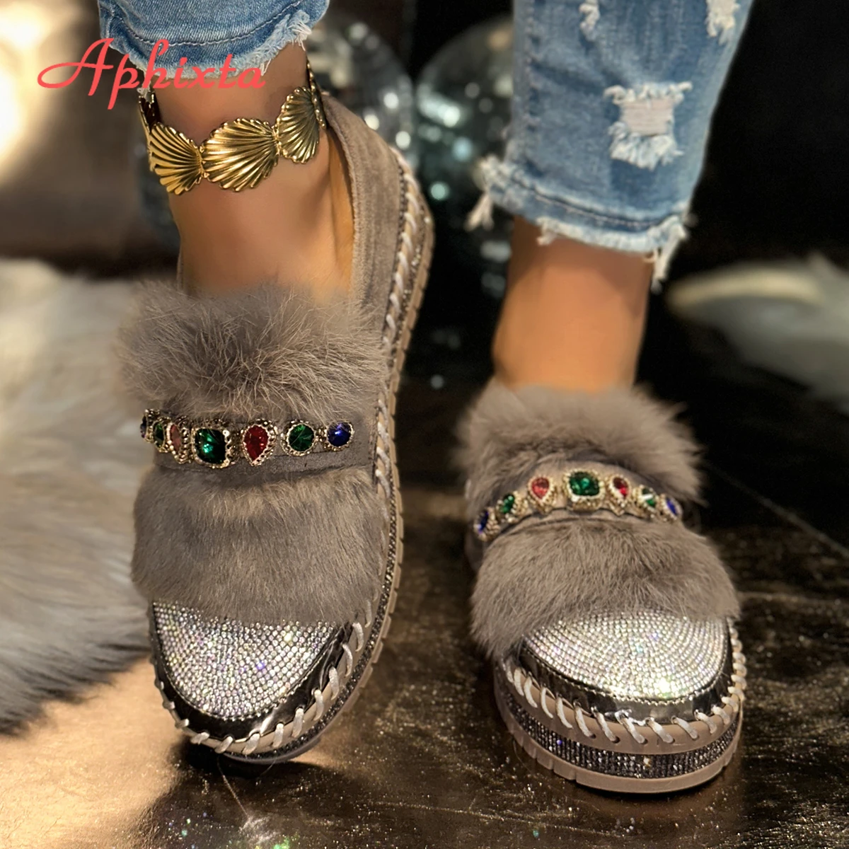 Aphixta Real Fur Colorful Rhinestone Woman Flat Casual Shoes 3cm Low Heel Warm Shoes For Women Crytal Short Plush Shoe Size 43