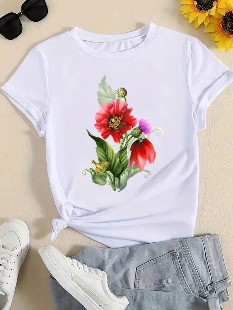 

Short Sleeve Printed T Shirt Clothing Female Fashion Tee Cute Plant Flower Trend Cute Women Top Casual Clothes Graphic T-shirts