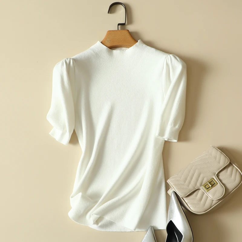 

O-Neck Knitted Women T-Shirts Summer New 2024 Design Solid Elastic Puff Sleeved Elegant Office Lady Pulls Outwear Tops