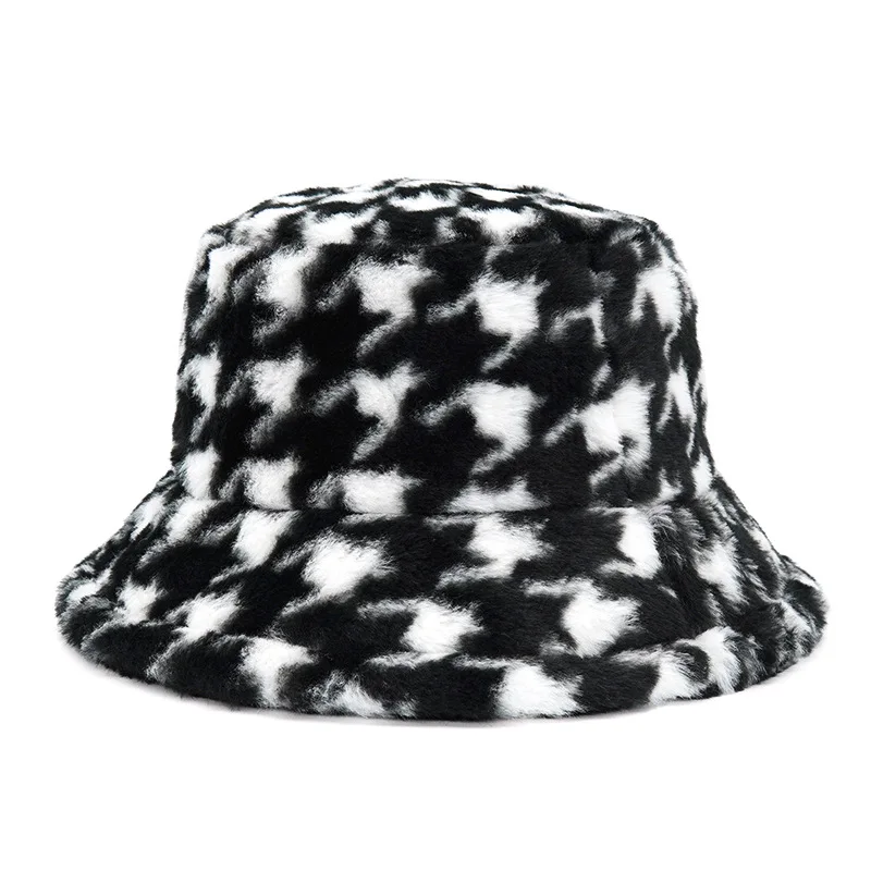 Winter Bucket-Hats Fluffy Fur Men Women Panama Hat Fashion Warm Fisherman Cap Letter Rainbow Houndstooth Leopard Printed fisherman hat bucket hats