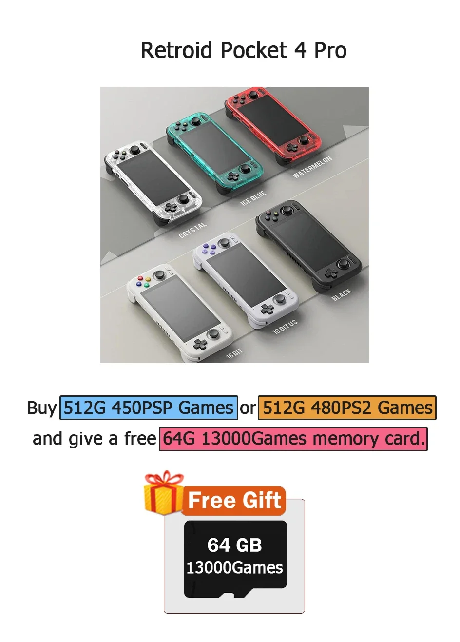 【美品】Retroid Pocket 4Pro クリスタル Retroid Pocket 4 Pro Game Console - Transparent Blue