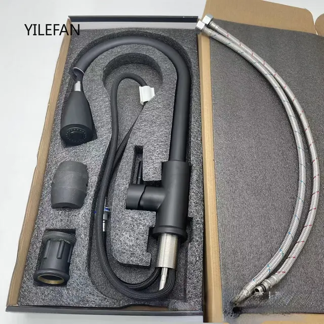 304 ก๊อกน้ําห้องครัวสแตนเลสแบบดึงลงเครื่องพ่นสารเคมีสําหรับอ่างล้างจานพร้อมท่อขยายได้ก๊อกน้ําอ่างล้างจานทนต่อการขีดข่วน 1