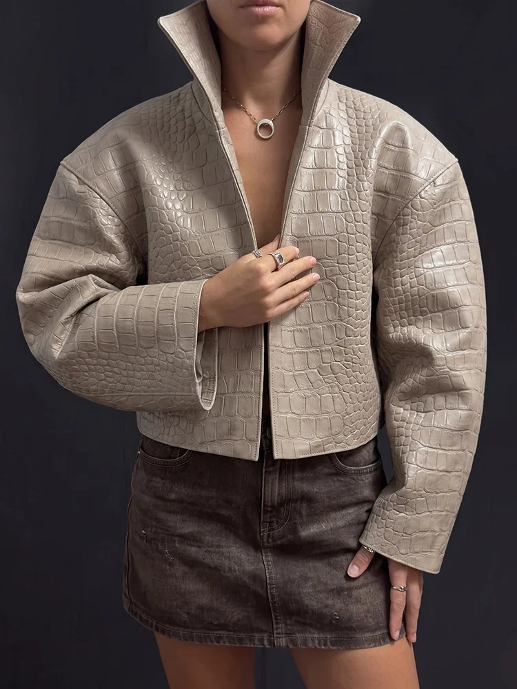 Veste décontractée en similicuir imprimé pour femme, col montant, manches longues, style streetwear, collection automne-hiver 2026, coupe courte