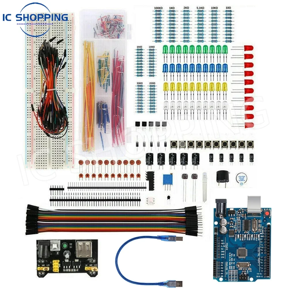 830Pcs DIY Electronics Starter Kit – For Arduino UNO R3, Includes Breadboard, Tie-points, and Electronic Components 1