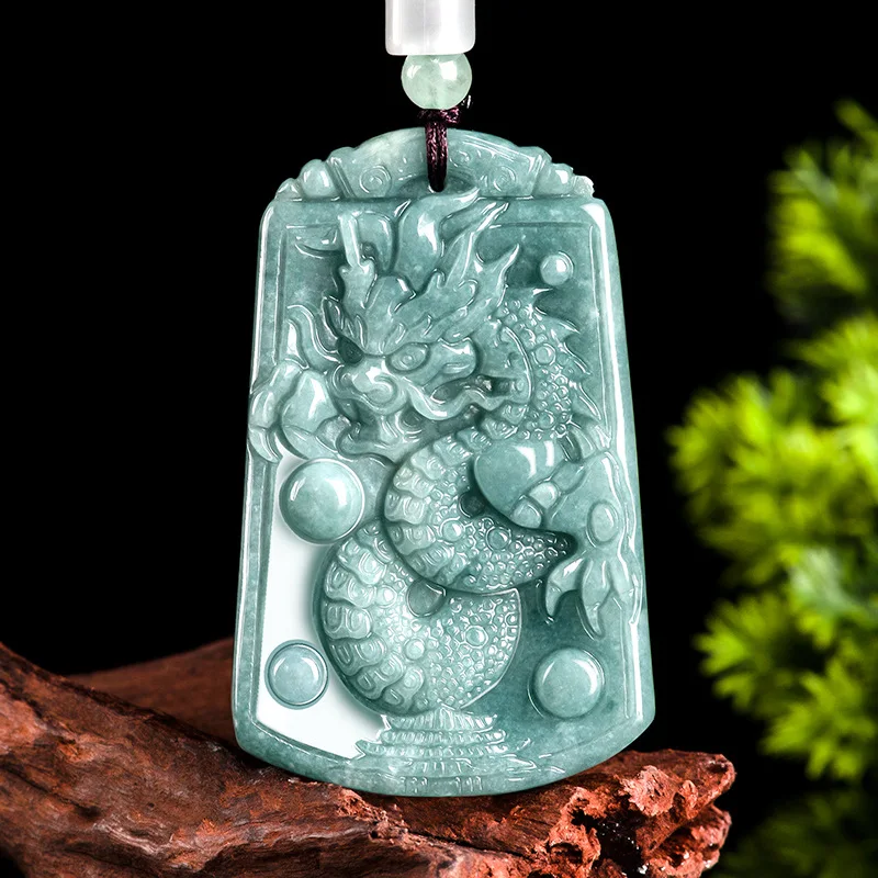 

Mai Chuang/ Hand-carved/ Natural Jade A+ Ice Blue Water Dragon Brand Necklace Pendant Men and Women Fine Jewelry Amulet Gift