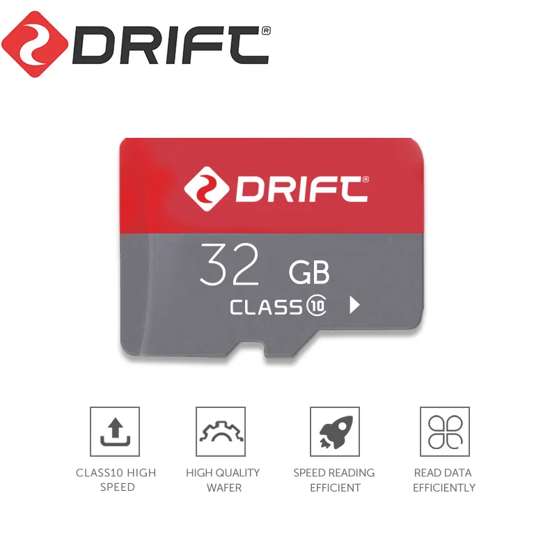 Packaging de la carte mémoire Drift Micro SD 32 Go classe 10 U1/U3, présentant les spécifications techniques et la compatibilité.