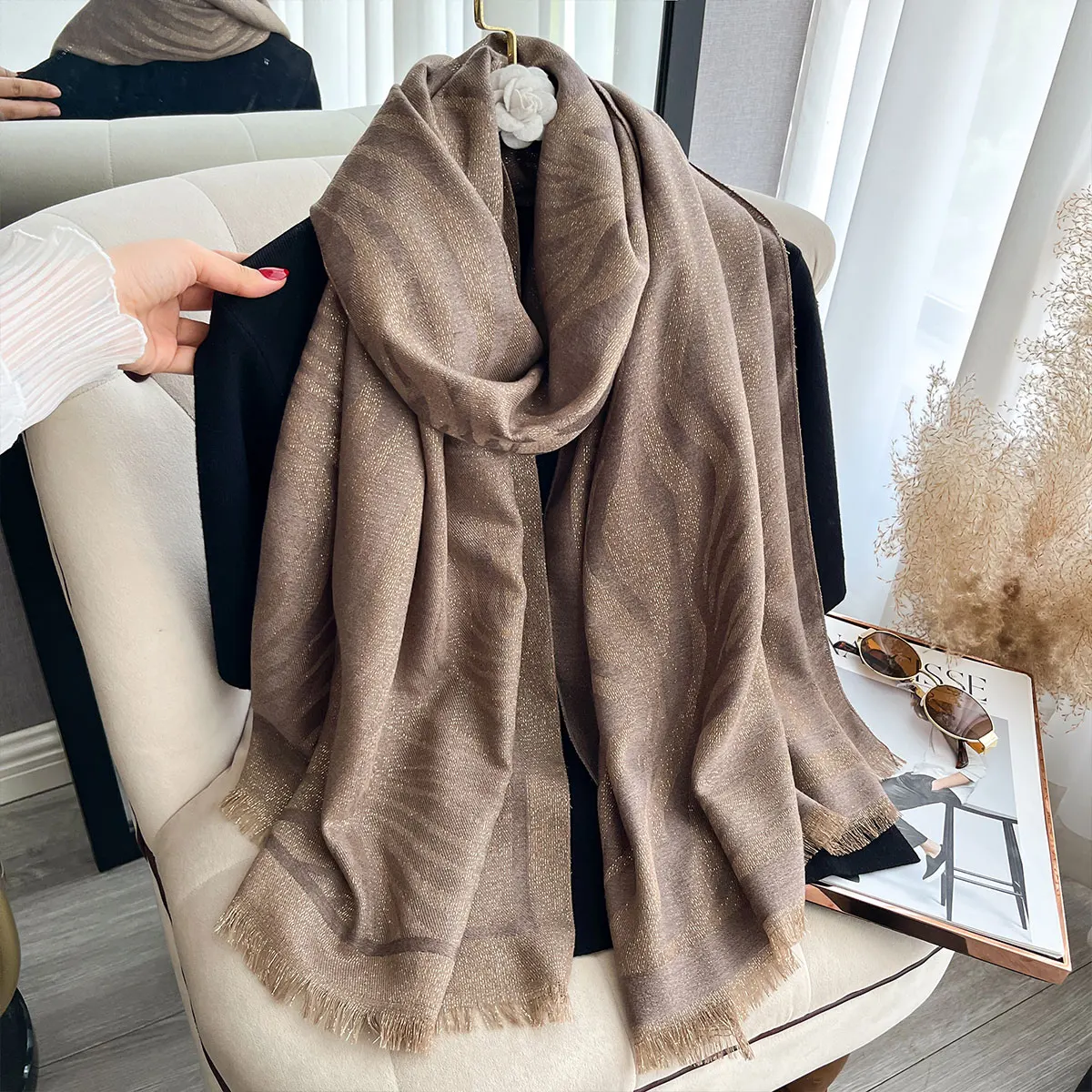 Ladies Muslim Hijab Golden Thread long Scarf With Spring and Autumn Sun Protection Scarf Decoration Shawl Foulard Wrap Headscarf