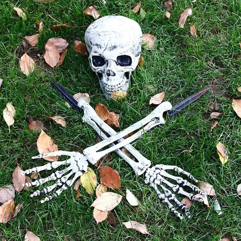 

Halloween Realistic Skull Skeleton Head Human Hand Arms For Indoor Outdoor Halloween Party Home Garden Lawn Graveyard Decor