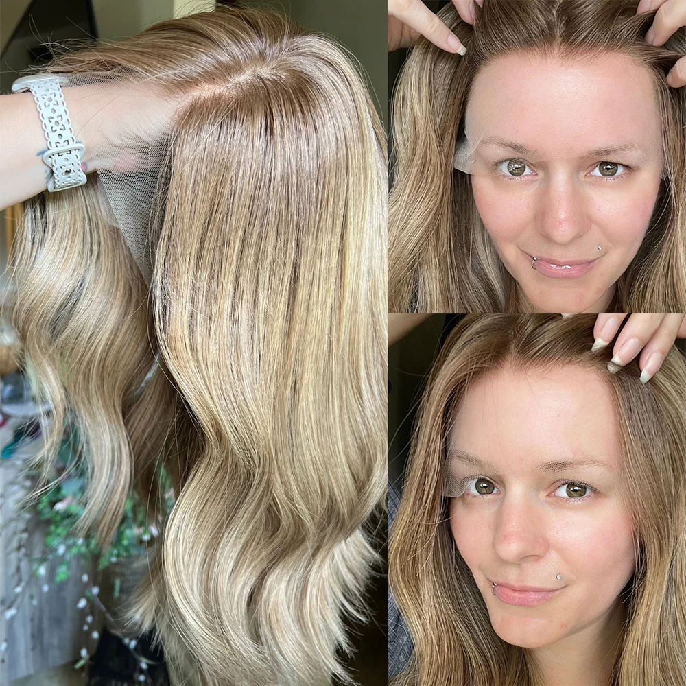 Warm Blonde Highlights Synthetic Wigs Dark Brown Roots 10% Human Hair Lace Front Wig Pre Pluckced Heat Resistant Fibre Women Wig