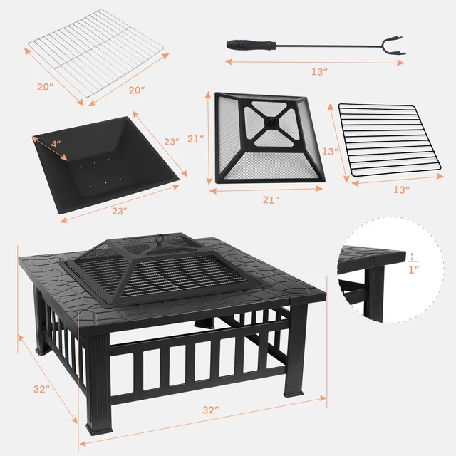 AOOU Steel Fire Pits for Outside, 32'' Square Wood Burning Fire Pit Table, Outdoor Patio BBQ Firepit Bonfire Party 3