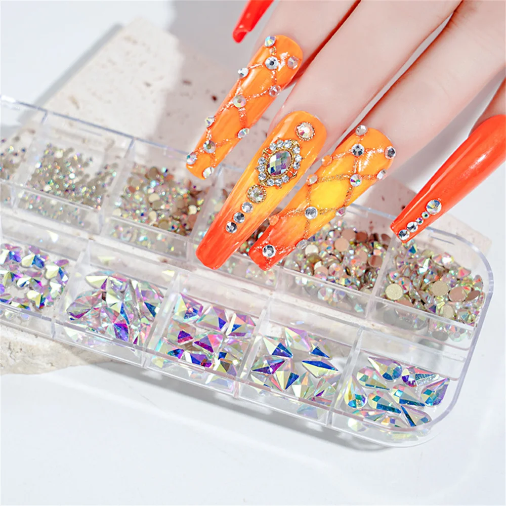 12Gird Box Multi Size Ab/Strass Hotfix Colorati Flatback Crystal Gems 3D Glitter Nail Art Decorazioni Di Lusso * &