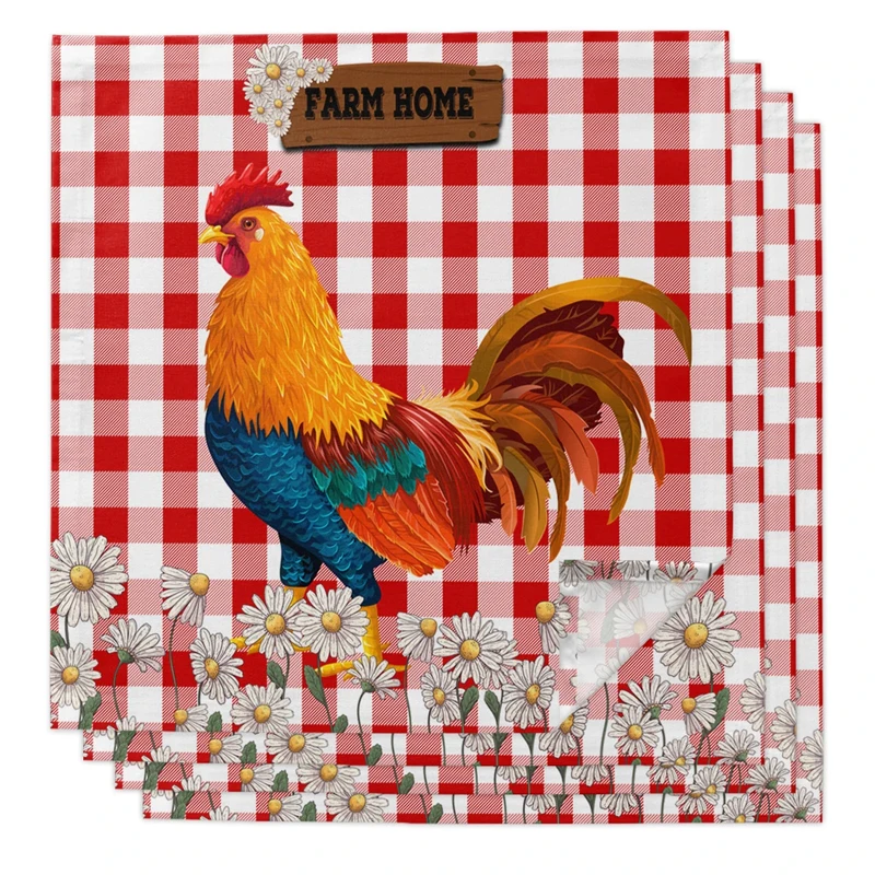 

2Pcs Red Plaid Daisy Rooster Farm Cloth Napkin Table Decor Dinner Towel for Kitchen Reusable Wedding Napkin Party Decoration