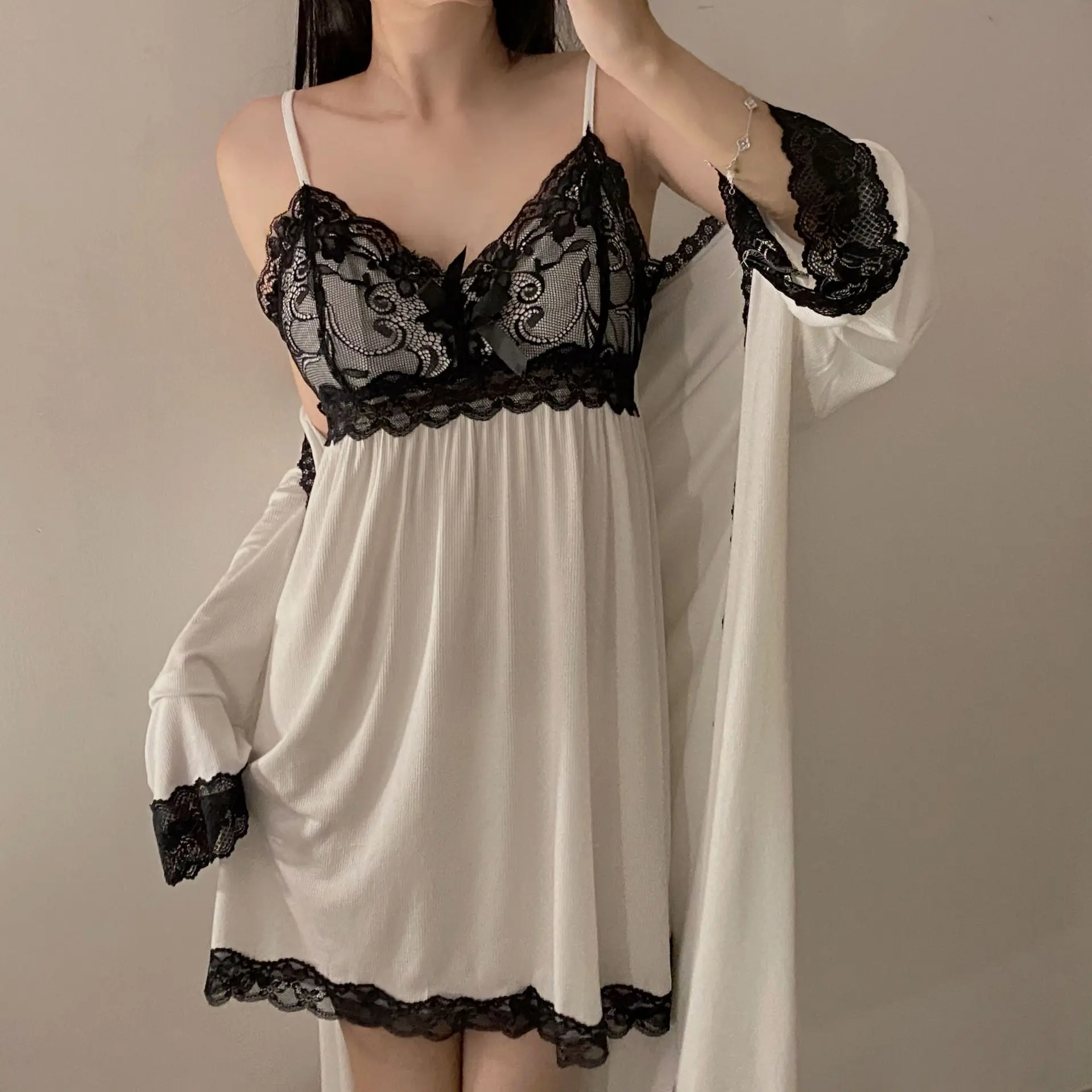 

Белый комплект из двух предметов, Женская кружевная одежда для сна, домашняя одежда, Осеннее женское кимоно, ночная рубашка, халат для невесты, халат, костюм для сна