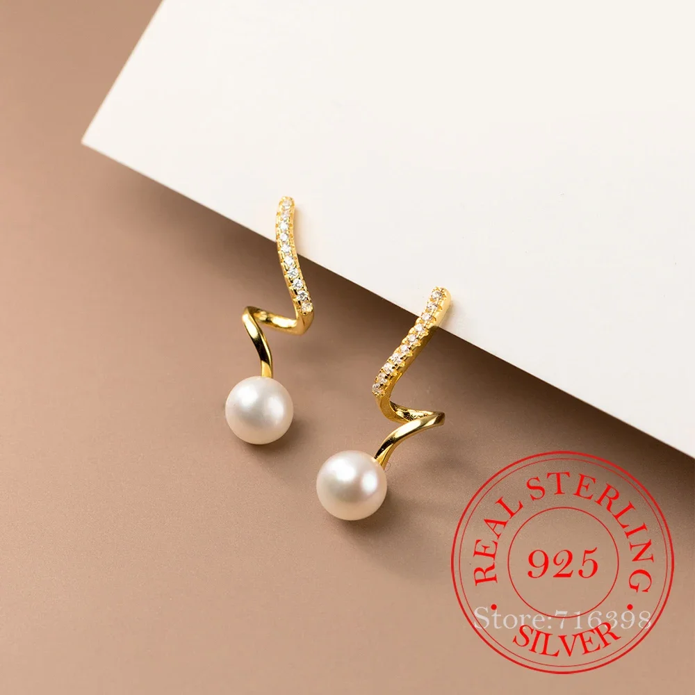 

S925 Sterling Silver Spiral Crystal Pearl Stud Earrings For Women 14K Gold Plated Wedding Party Jewelry Gift Female Pendientes