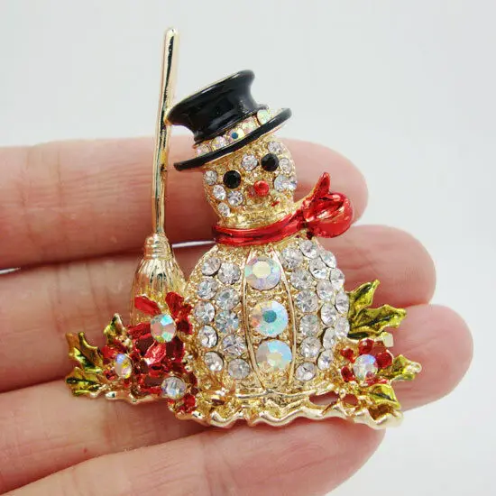 

Fashion Luxury Lovely Christmas Snowman Besom Flower Brooch Pin Clear Rhinestone Crystal Party Casual Brooch Pin Gifts