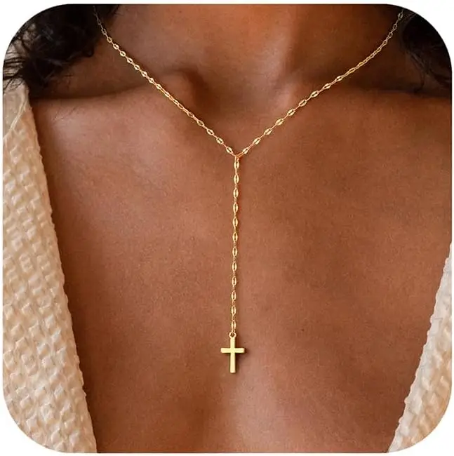 14k Gold Lariat Cross Necklace 4