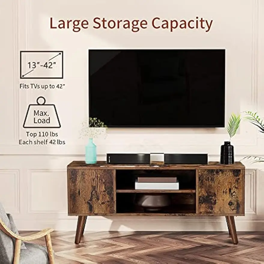 Retro TV Stand, Mid-Century Modern, Console Table, Entertainment Center, Storage Shelf & Cabinet, Living Room, Rustic Brown