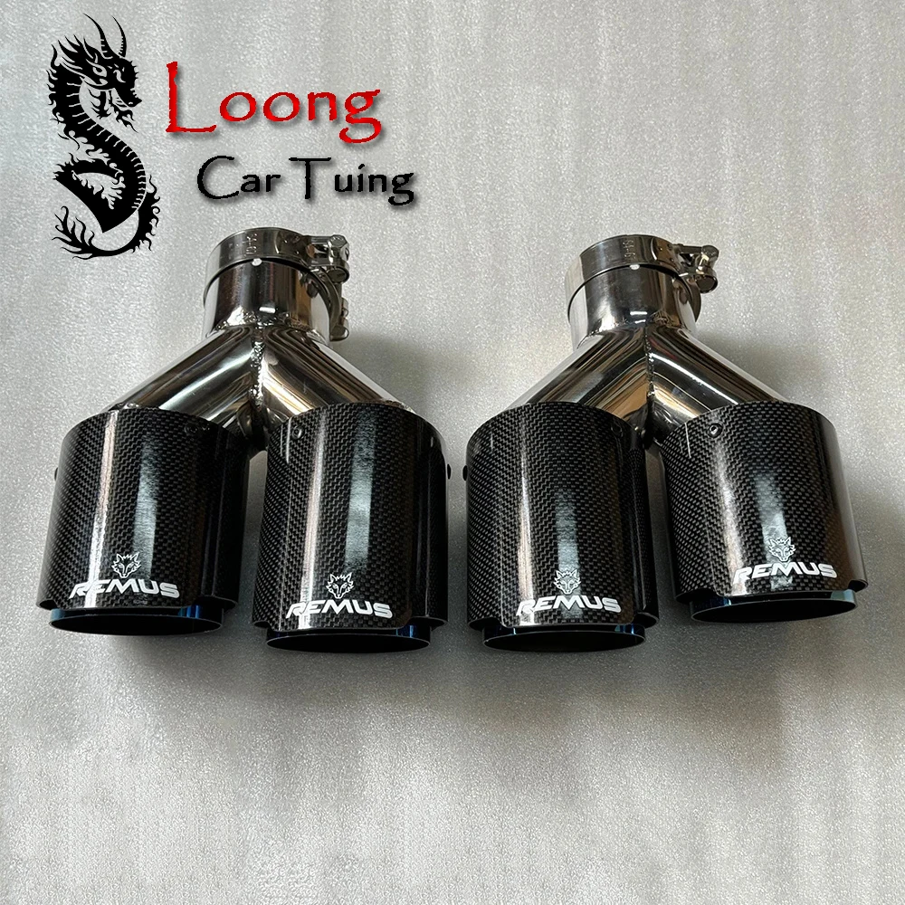 Remus 2Pcs Y Pipe Dual Drawn Tips Car Universal Glossy Carbon Fiber Blue Stainless Double Exit Tubi Di Scarico Marmitta Tailpipe