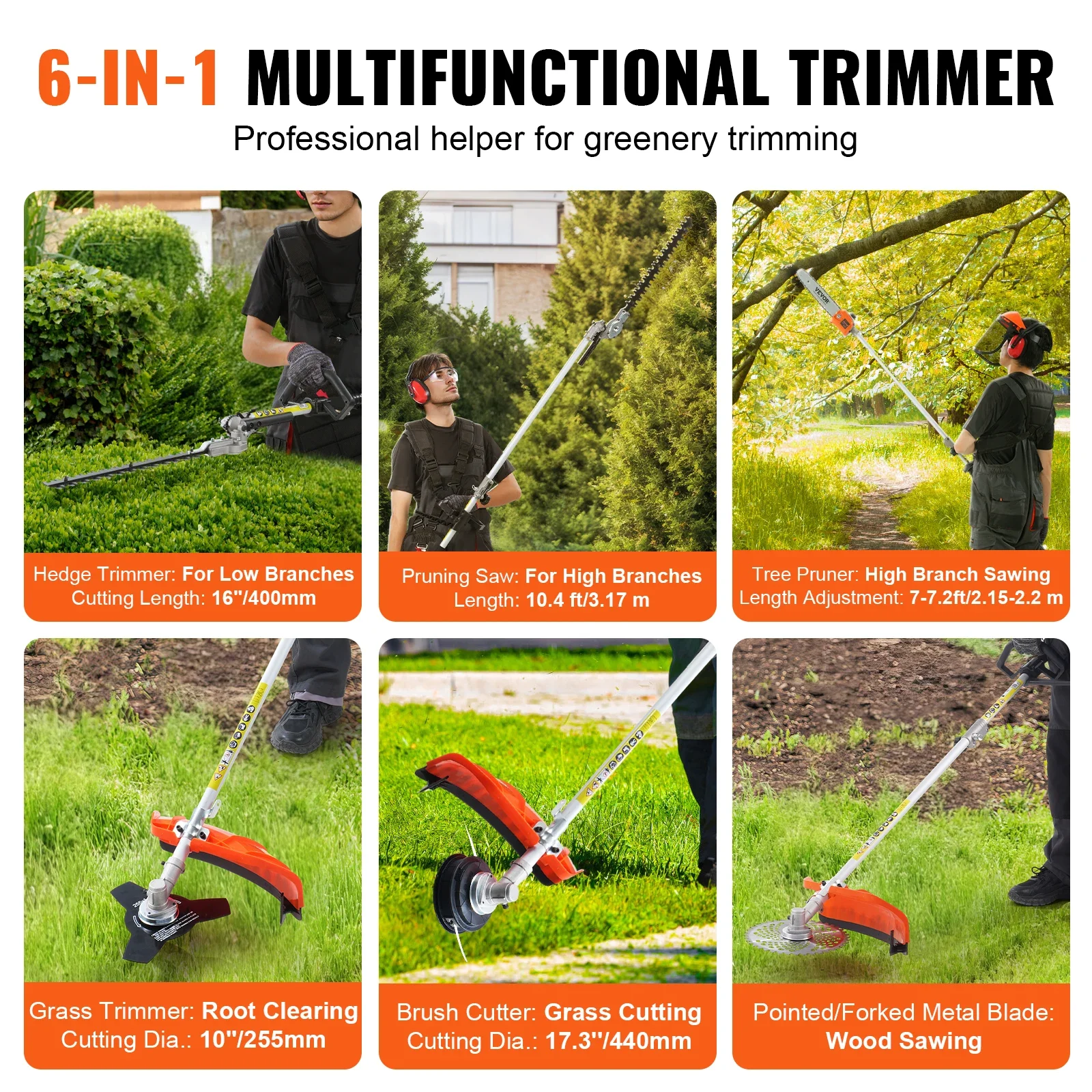 VEVOR 52CC 6- In-1 Multi-Functional Trimming Tools Gas Hedge Trimmer Weed Eater String Trimmer Brush Cutter Edger Pole Saw