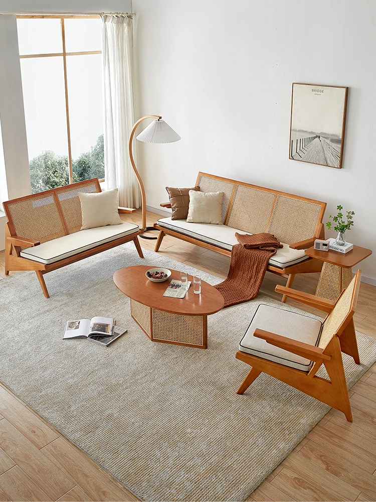 

Solid wood sofa rattan Nordic retro B&B project sofa chair single chair living room combination suit Japanese double