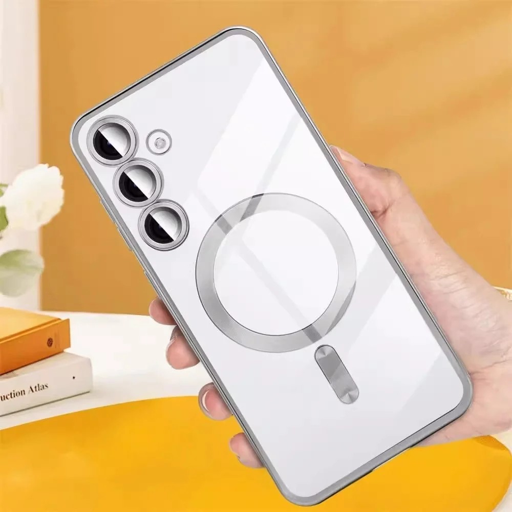 Enhanced Transparent Magnetic Phone Case with Plating Design - Soft and Durable Cover