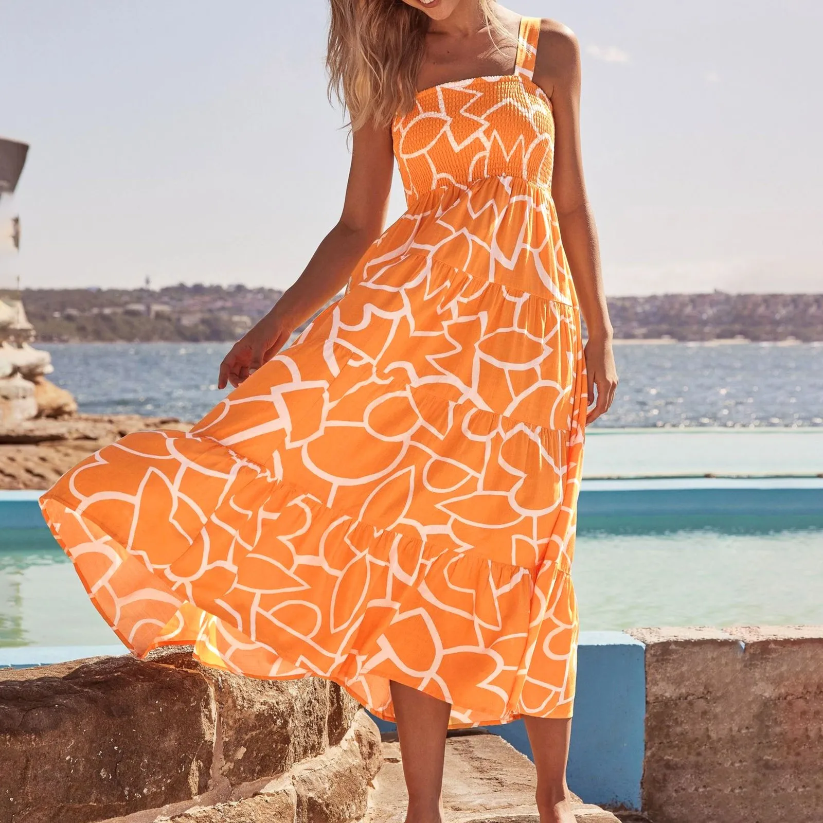 

Пляжное длинное платье-макси с оборками, летнее женское платье с цветочным принтом в стиле бохо, женское платье с круглым вырезом, женское платье в стиле ретро