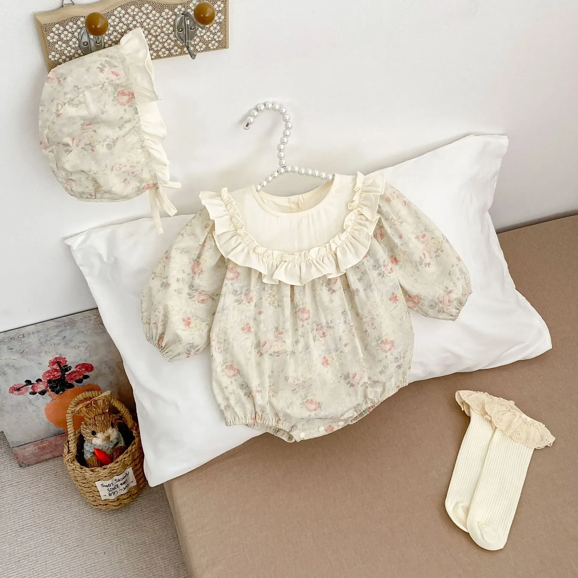 Spring Korean Style Baby Girl Outfit 1-3 Years Old Floral Print Romper Cotton Crawling Suit Sweet Outdoor Clothes