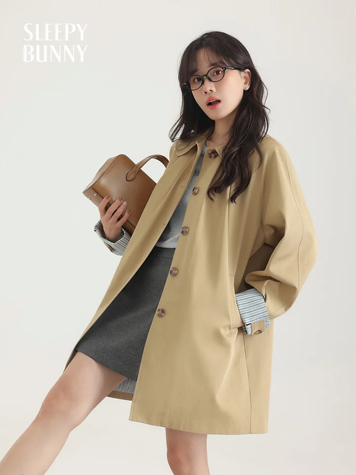 Women Peter Pan Collar Trench Coat Loose Fit Mid-Length Raglan