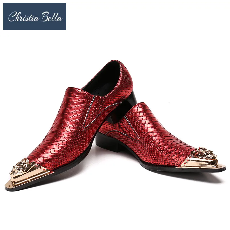 

Christia Bella Handmade Mens Red Wedding Dress Shoes Metal Pointed Toe Snakeskin Grain Genuine Leather Men Party Business Shoes
