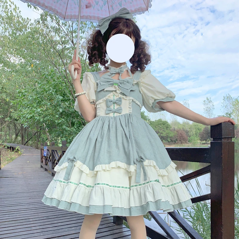 Japanese Victorian Sweet Lolita OP Dress Kawaii Women Bow