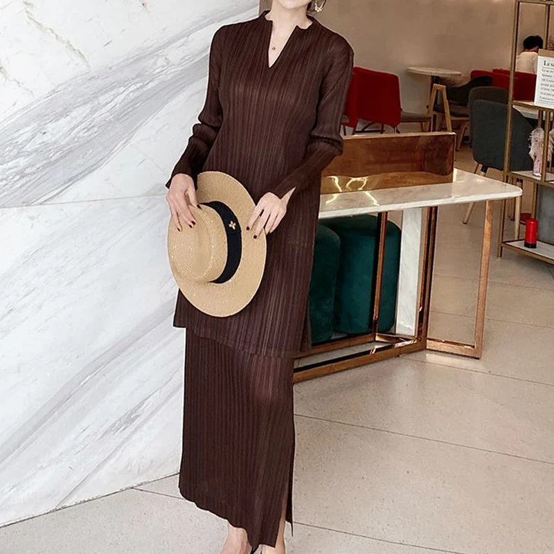 Pleated V-neck Dress Long Sleeve 2023 Pre Autumn New Mid length Top  vestidos de mujer   festival outfit