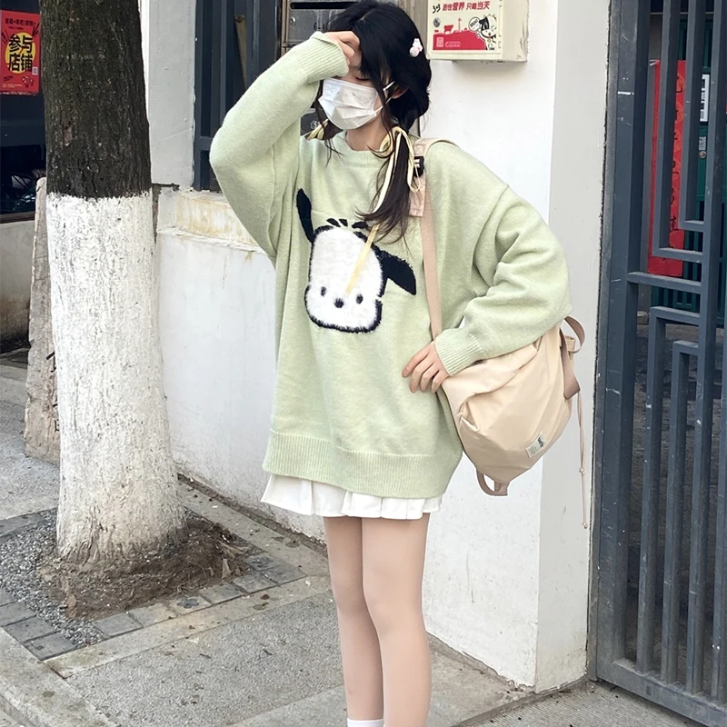 

Kawaii Sanrio Pochacco Sweater for Women Loose College Style Cartoon Jacquard Knit Round Neck Sweet Soft Waxy Top