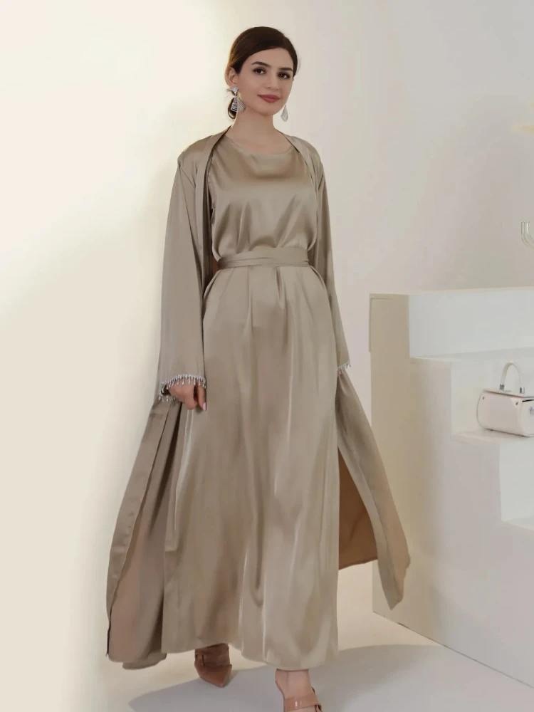 

Ramadan 2 Piece Abaya Set Satin Beads Kimono Matching Inner Dress Turkey Party Muslim Sets for Women Dubai Luxury Islamic Outfit