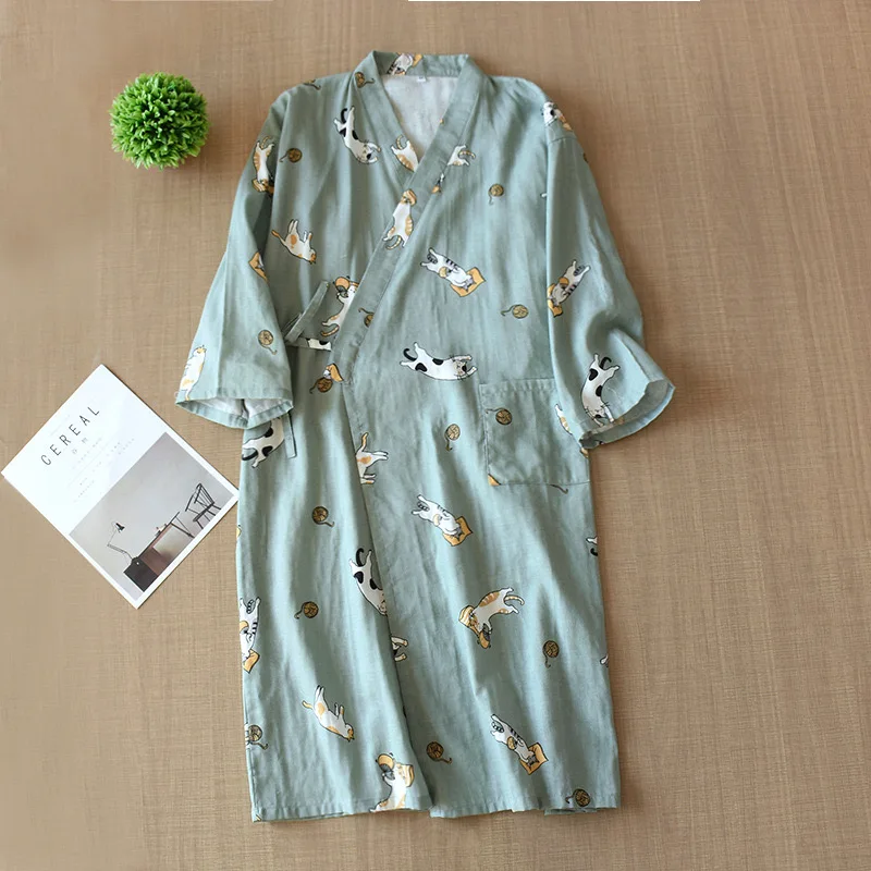 Women's Robe Cotton Robe Japanese Kimono Seven-Sleeve Pajamas Loose Cartoon Cat Print night-robe women Pajamas Bathrobe