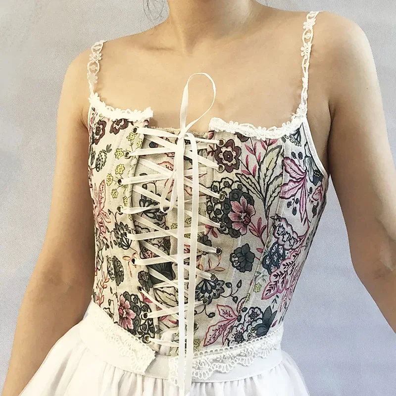 Spring Summer New Arrival Fashion Strap Print Lace Up Corset Bustier Crop Top Cami for Women