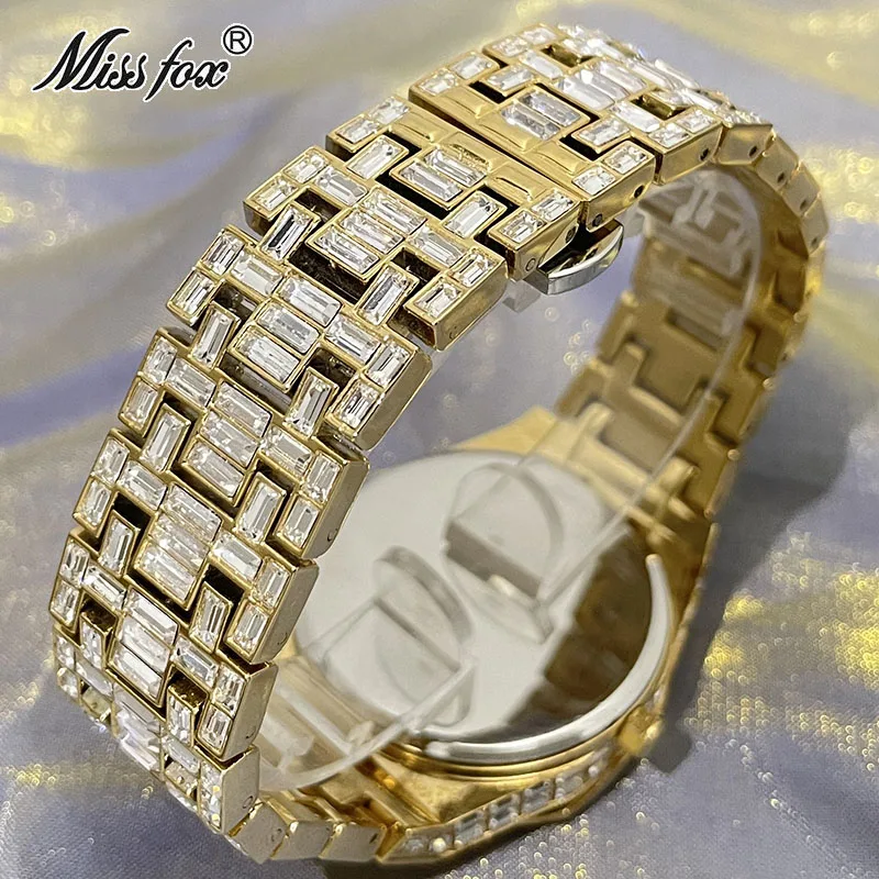 MISSFOX Luxury Gold Men's Watch Hip Hop Iced Out Diamond Fashion Quartz Wristwatches Gift Full Steel Reloj Hombre Free Shipping