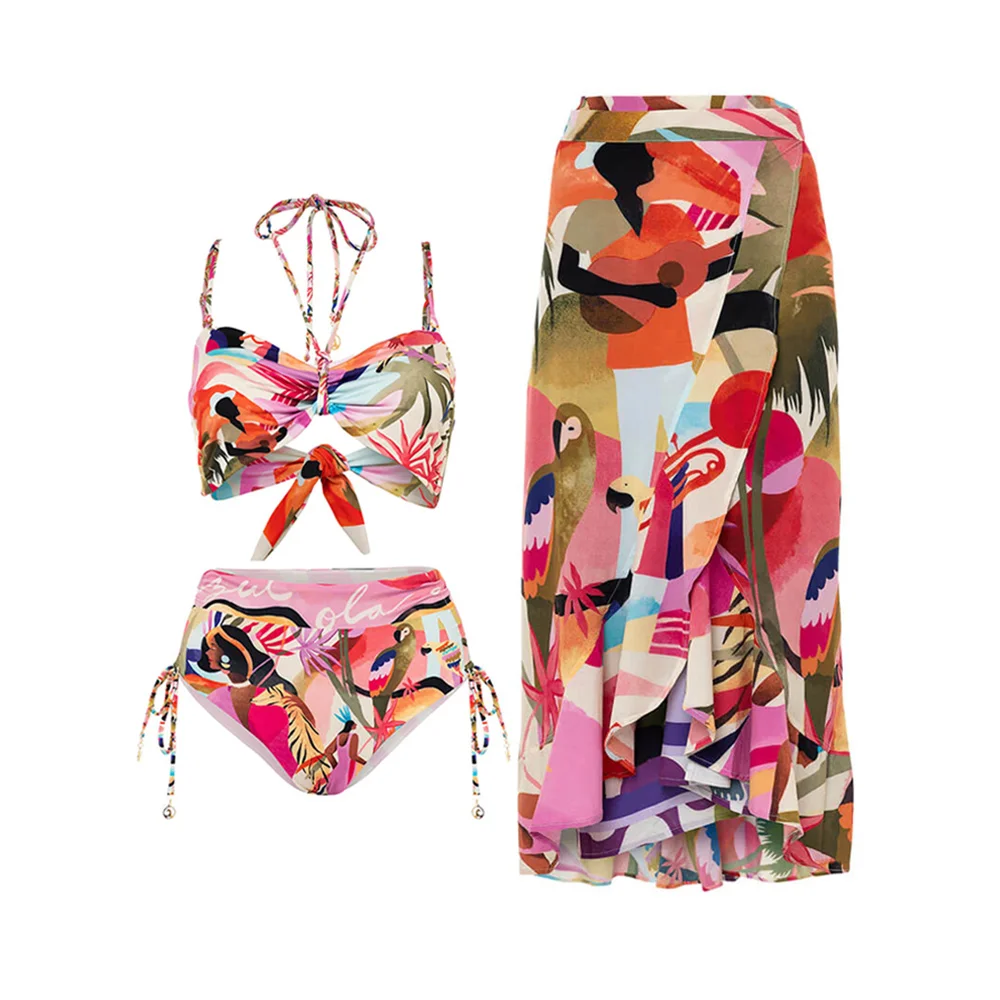 

Tropical Flower and Bird Print Bikini 2023 Fashion Bikini Swimsuit Sexy Holiday Beachwear Cover Up Designer Bathing Suit