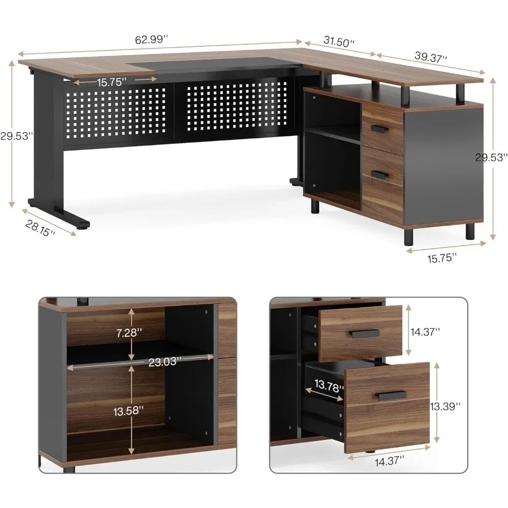 63 Inch Large Office Desk L Shaped Computer Desk with Drawers and Storage Shelves, Business Furniture Desk Workstation 5