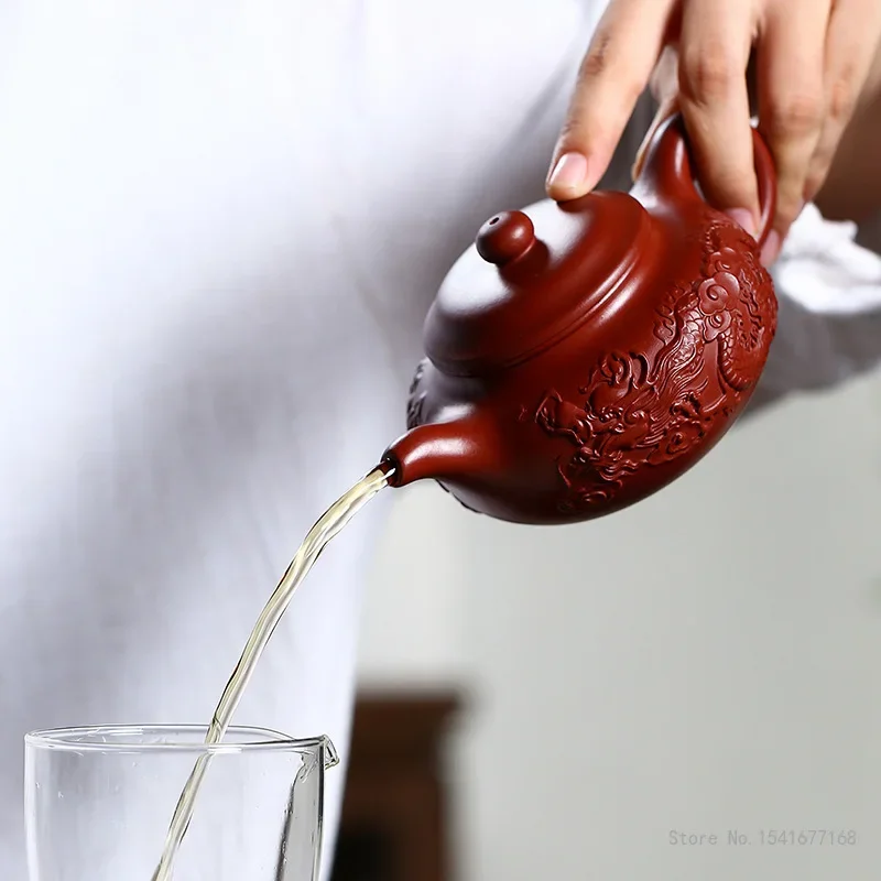 Chinese Style Dragon Patterned Teapots, Purple Clay Raw ore Dahongpao, Kung Fu Household, Handmade, 230ml Single Pot, New, 1Pc