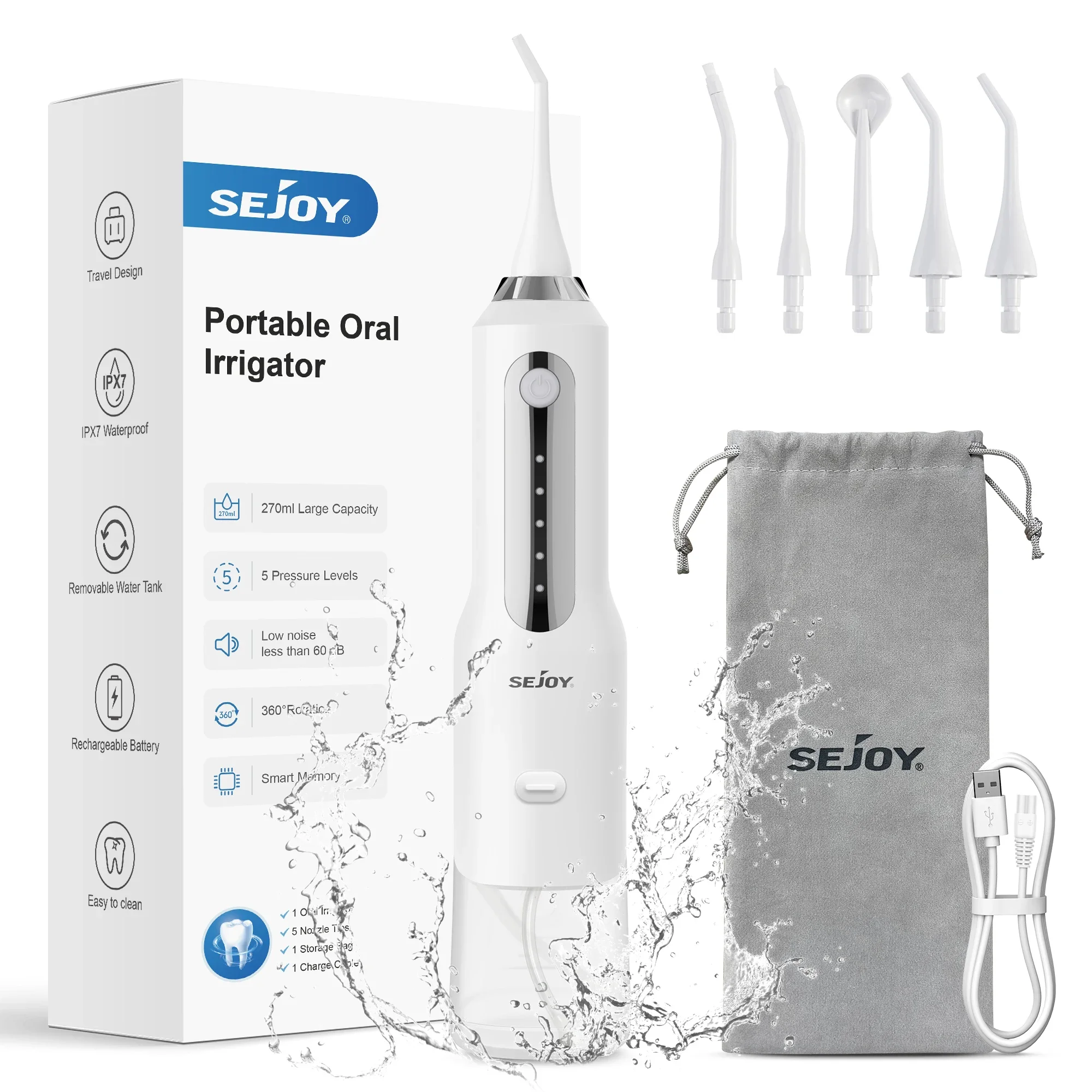 Oral Irrigator Dental Water Flosser Water Dental Flosser Dental Water Flosser Professional Cordless Rechargeable Electric Oral Irrigator Water Jet for Teeth Braces Care with 5 Jet Tips