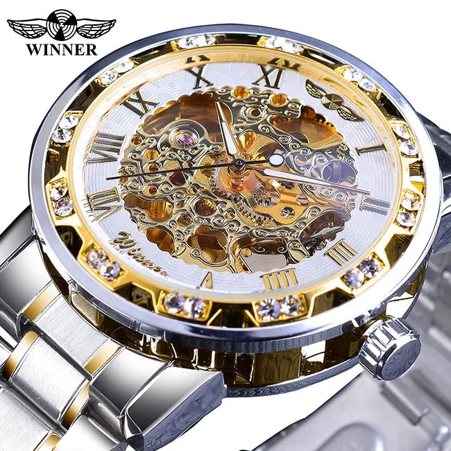 

Winner Transparent Fashion Diamond Luminous Gear Movement Royal Design Men Top Brand Luxury Male Mechanical Skeleton Wrist Watch